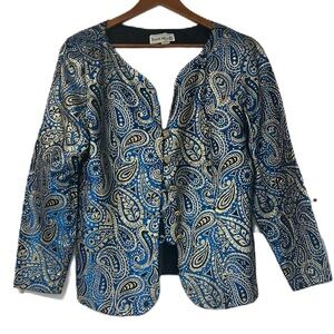 𝅺KAREN MILLER CROP JACKET size 14 blue gold maximalist paisley embroidered fun